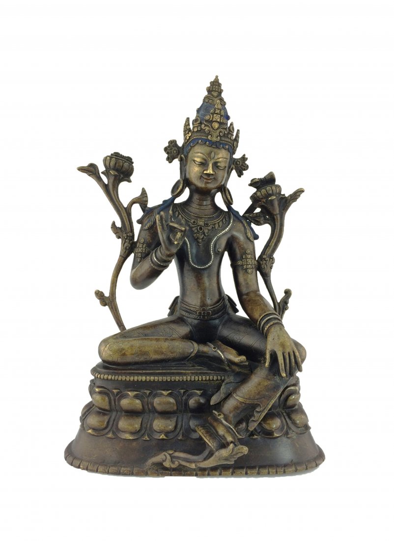 A Sino-Tibetan bronze model of Tara, 19th C.: An Antique Chinese Sino-Tibetan bronze Buddha Figure model of Tara, 19th Century. Seated on a double lotus throne with hands lowered in varada and raised in vitarka mudra, each hand holding a lotus st