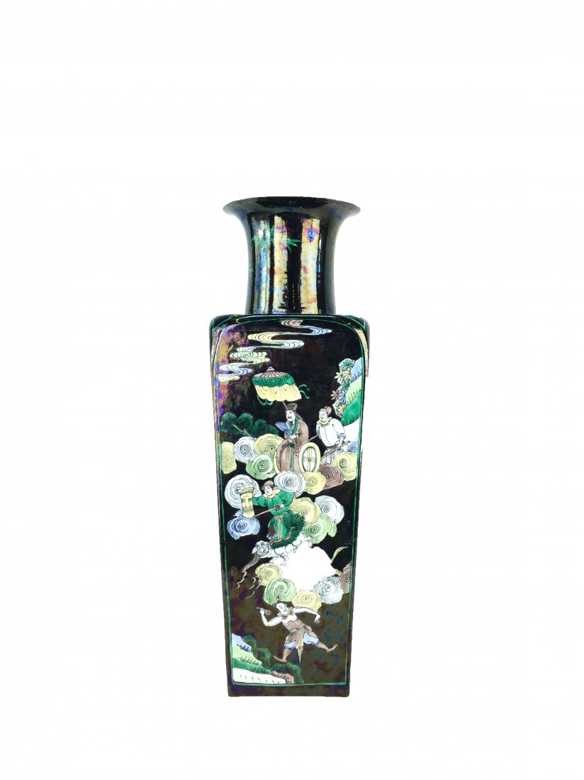 CHINESE KANGXI FAMILLE NOIR SQUARE VASE: Chinese KangXi Famille Noir Square Vase. Square baluster body, flat shoulder base, and opening. Cylindrical neck, flared rim. Depicted Spirit of a soldier raise to heaven, all reserved in black glazed
