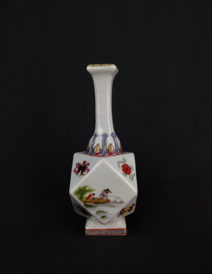 CHINESE 12 SIDES FAMILLE ROSE VASE: Chinese Famille Rose Vase. Having an unique shape, globular body with squared faceted surface, squared shoulder, with triangle corners, bulbous to neck entrance, enlonged and slightly twisted neck to 