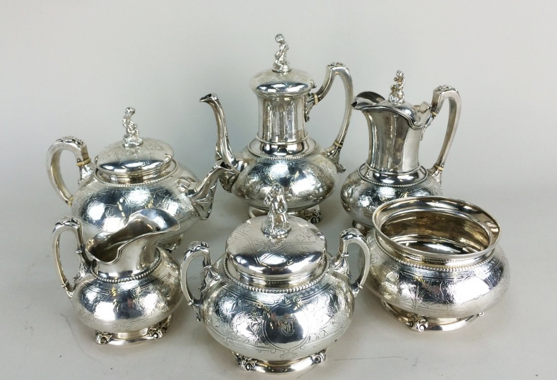 Set of 6 Pcs TIFFANY & Co. Sterling Tea Set, 137.35: Six-Piece Tiffany & Co. Sterling Silver Coffee and Tea Set,Â 1860-1864, by John C. (1802-1874) and Edward C. Moore (1827-1891), New York, Comprising a teapot, coffeepot, hot milk jug, cream jug, c