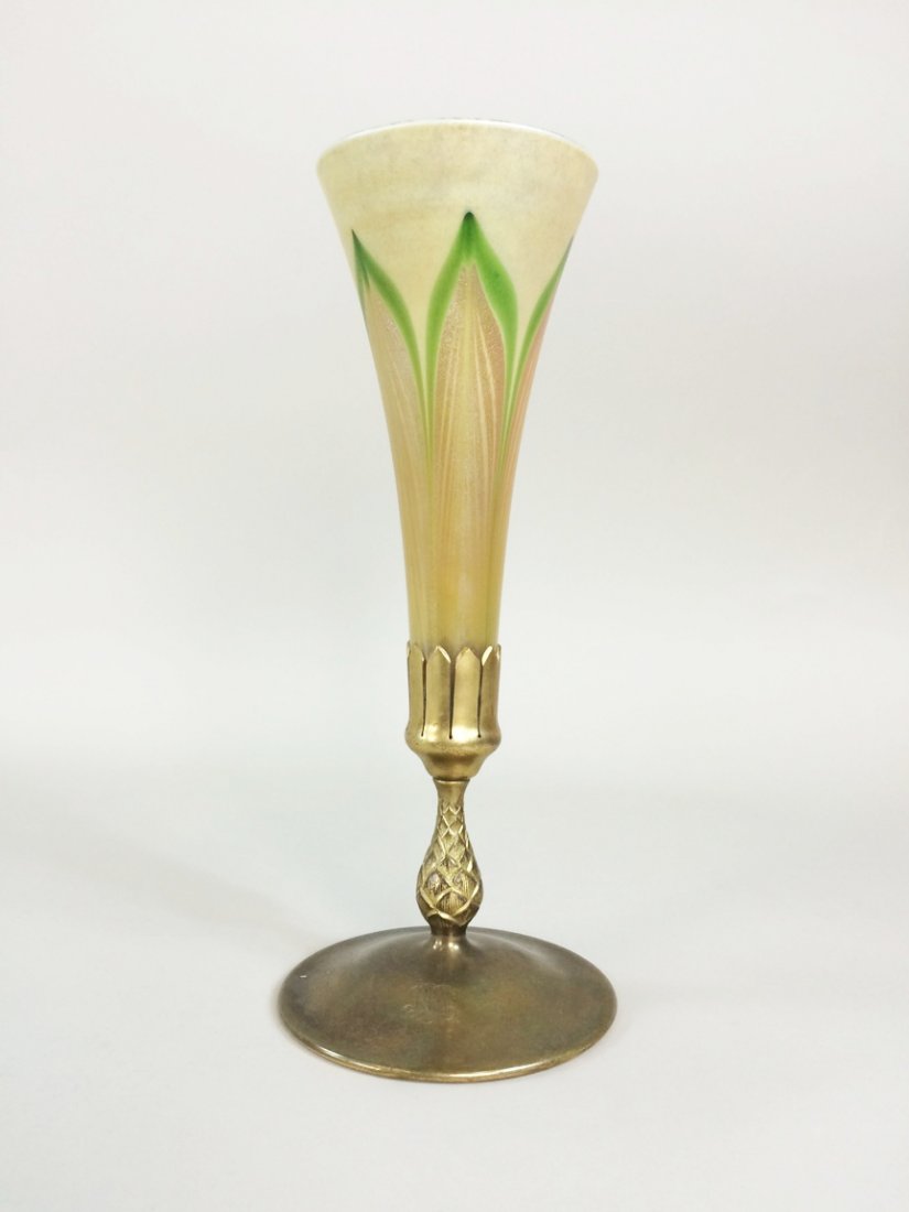 TIFFANY Art Glass Vase with Bronze Base: TIFFANY Art Glass Vase with Bronze Base Art glass vase signed on bottom: LCT. Pulled feather design. Base signed Tiffany Studios New York. Engraved initials on base. Measures: 12" total height.