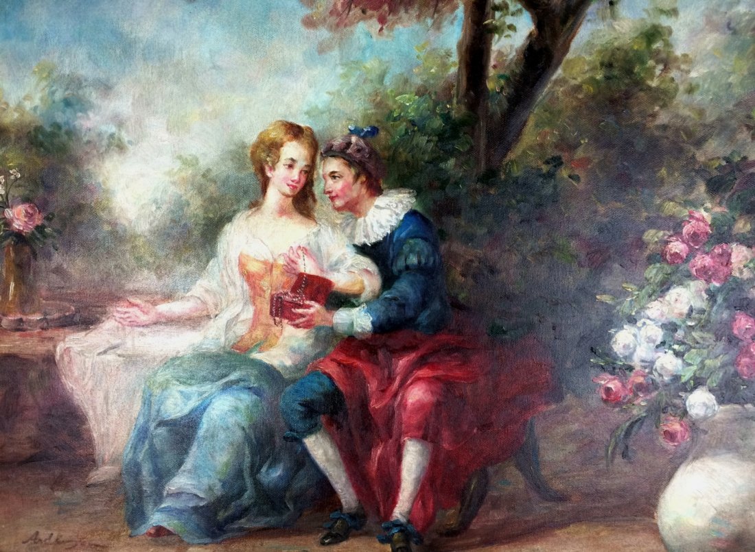 Sharing love Oil Painting, signed Anderson: Romantic couple sharing a gift while surrounded by beautiful flowers Painting on Canvas, Framed, signed Anderson
