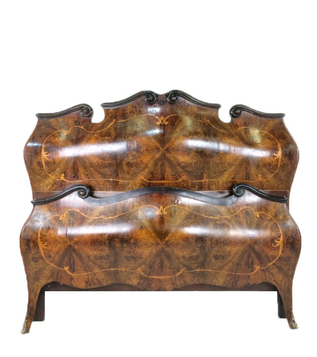 Queen set Burled Walnut Bombay Bed: Queen set Bombay bed with matching rails. Bed features double book matched Burled Walnut with Silkwood inlay. Foot board has ormolu decorative legs. Condition is excellent. For a guest room this bed s