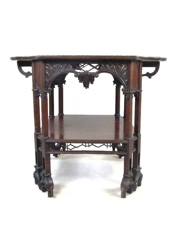 Scalloped Mahogany Side Tabl: Scalloped Mohogany pie crusted side table Beautiful design. Some fret work damaged and/or missing but the table is still very attractive.37" wide 261/2" deep and 29 1/2" tall