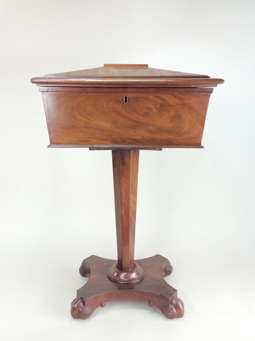 Tobacco Humidor: Vintage Tobacco Humidor. Crotched mahogany with book page venner are part of this solid wood humidor. Interior has two removable wooden cigar containers with a metal center section Octagon stand taper