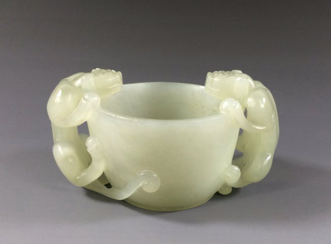 CARVED WHITE JADE OF TWIN DRAGONS BRUSH WASHER: Expertly Carved White Jade Brush Washer, having twin dragons humped on a simply bowl created handles, of mirrored position both facing toward circumstance. Beautiful clean white translucent, with pale