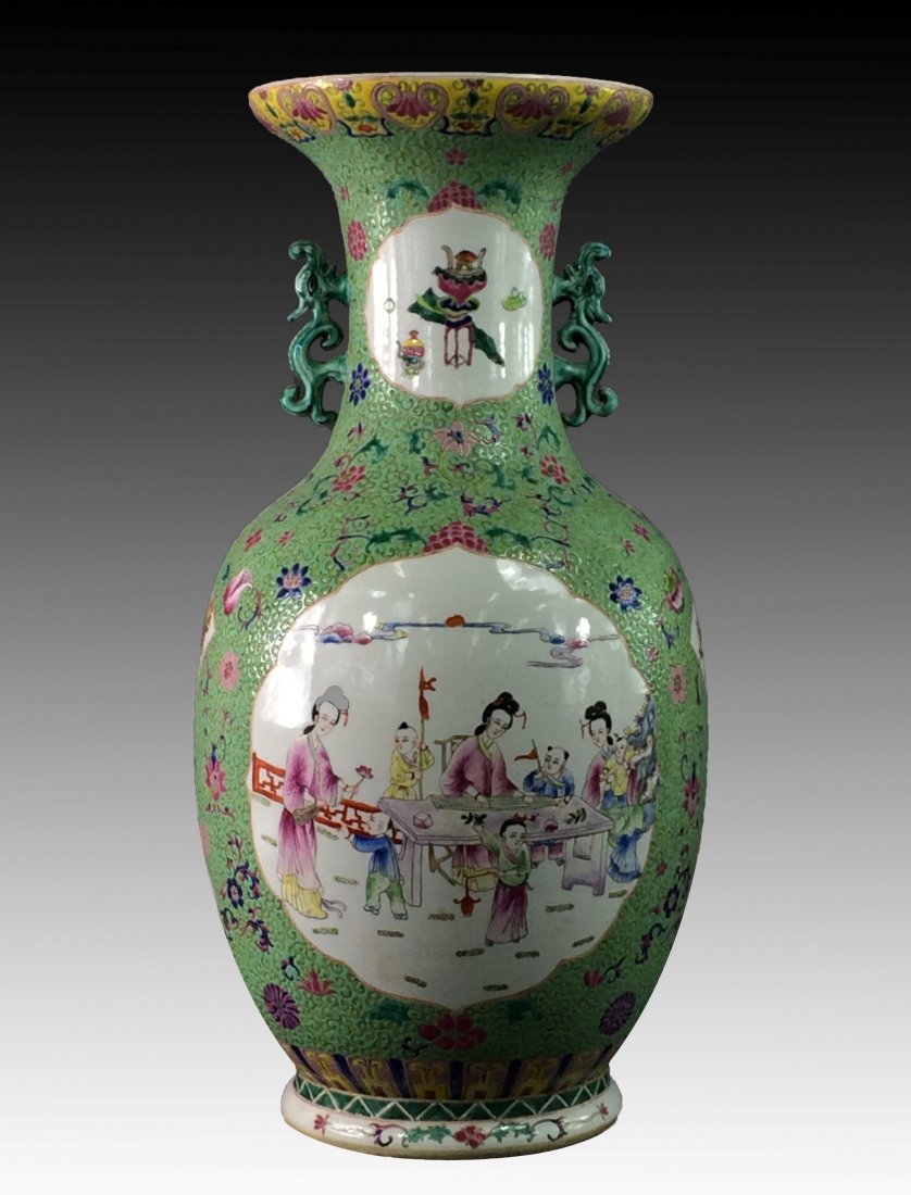 VERY FINE FAMILLE ROSE FIVE FLOOR VASE: A Very Fine Large Chinese Famille Rose Porcelain Vase. Having a baluster shaped, bulbous body, waisted neck, with ring base and over hung flared rim. Two green chi-long dragons flanked on the neck. Ma