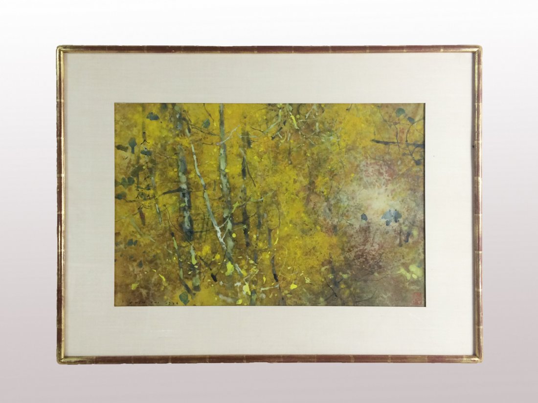 CHEN CHI, WATERCOLOR PAINTING "AUTUMN FOREST", FRAMED: Chinese Watercolor, CHEN CHI 'Autumn Forest' ; Signed & Stamped, Framed Watercolor on paper depicting a group of figures in dense of forest trees through branches with yellow-orange autumn leaves. Sig