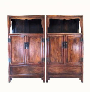 PAIR ANTIQUE HUANGHUALI CABINETS: Antique Chinese HuangHuaLi Cabinets, with an opened shelves above double doors. Smooth Lustrous fine grain Patina. Scalloped spandrels along the opening. Dimension each: 78-5/8"H x 43-1/4"L x 18-1/2"D