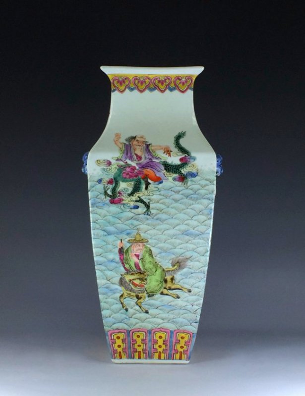 FINE FAMILLE ROSE EIGHT IMMORTALS VASE: Fine Chinese Famille Rose Eight Immortals Republic Vase. Squared baluster body, flattened shoulder and rim, slightly flared rim, flat base. Adorned with famille rose hand painting of Eight Immortal ri