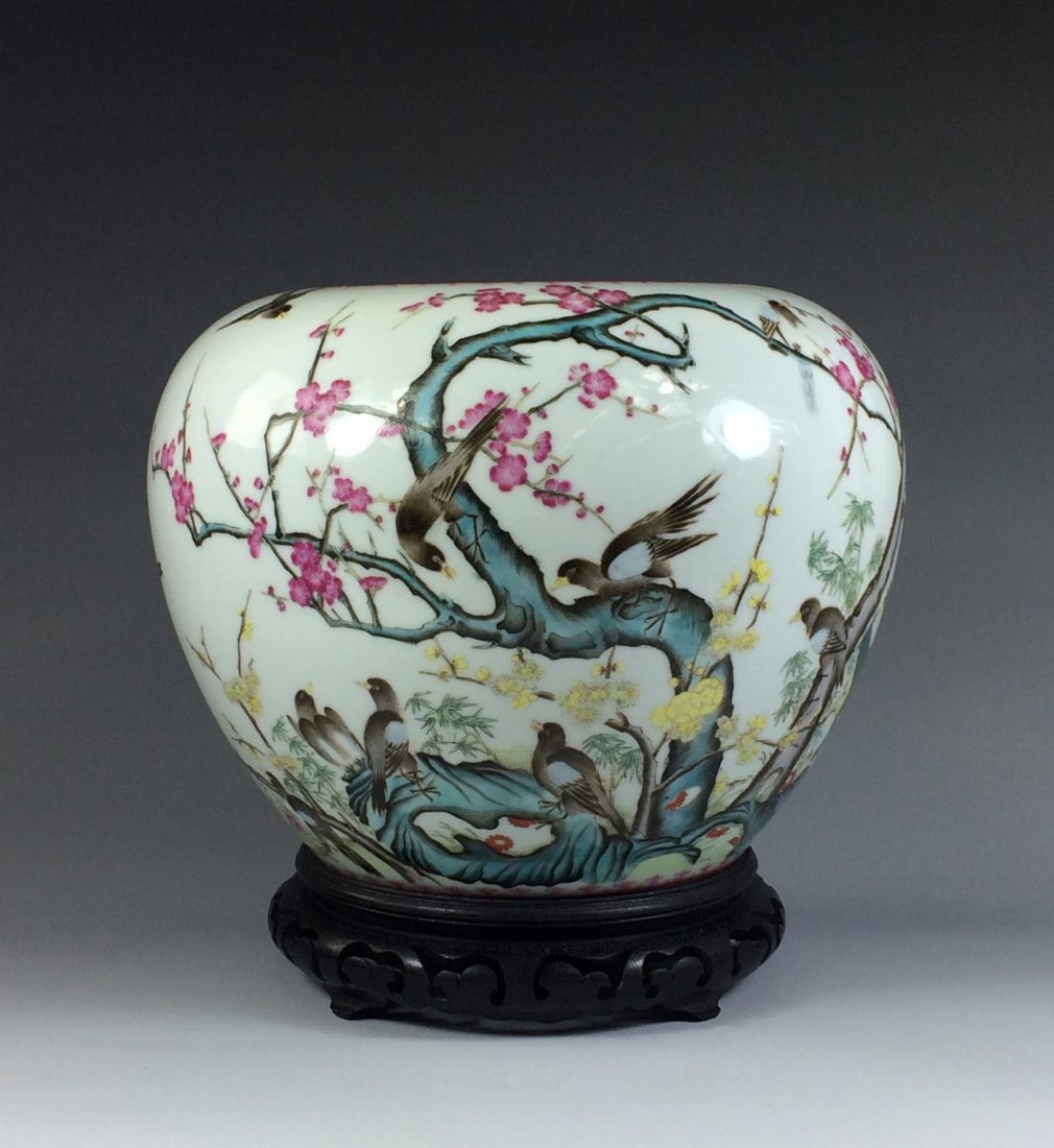 LARGE GUANGXU FAMILLE ROSE BRUSH WASHER POT: Large Chinese Famille Rose Brush Washer Pot. Jar with contracted opening, full shoulder, and oviform belly. This type of jar in the shape of a Buddhist begging bowl (BO) . Depicted group of magpies pe
