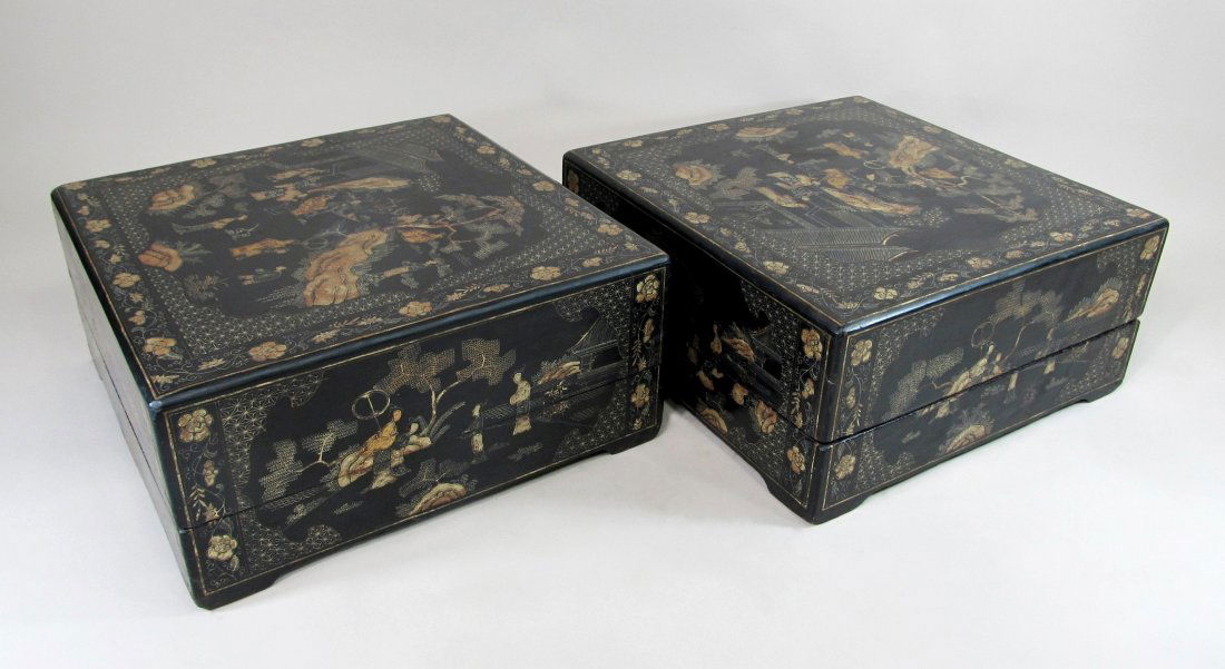 PAIR OF 19th C CHINESE EBONY LACQUER BOX, 19TH C: Pair of 19th C. Chinese Ebony Lacquered covered Box, 19th c. RARE, Highly detailed hand painted in gilt showing Female figures and children in a garden scenes. Dimension: 7-1/2"H x 16-3/4"L (each) Wei