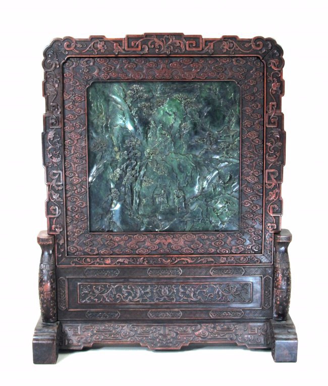 VERY FINE SPINACH-GREEN JADE TABLE SCREEN W ZITAN FRAME: A VERY FINE Carved Chinese Spinach-Green Jade Table Screen. Of square Jade stone carved expertly depicted mountainous panoramic scenery in high detail, with reverse alternately carving of mountainous 