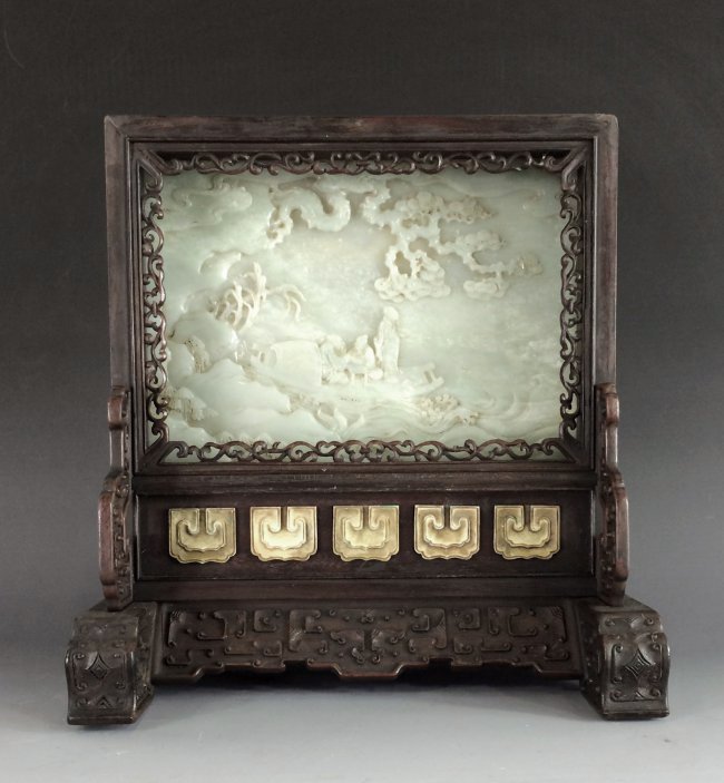 VERY FINE CARVED WHITE JADE TABLE SCREEN W/ ZITAN FRAME: A VERY FINE Carved Chinese White Jade Table Screen with zitan frame. Of rectangular Jade stone carved expertly depicted mountainous panoramic scenery in high detail, with reverse alternately carving o