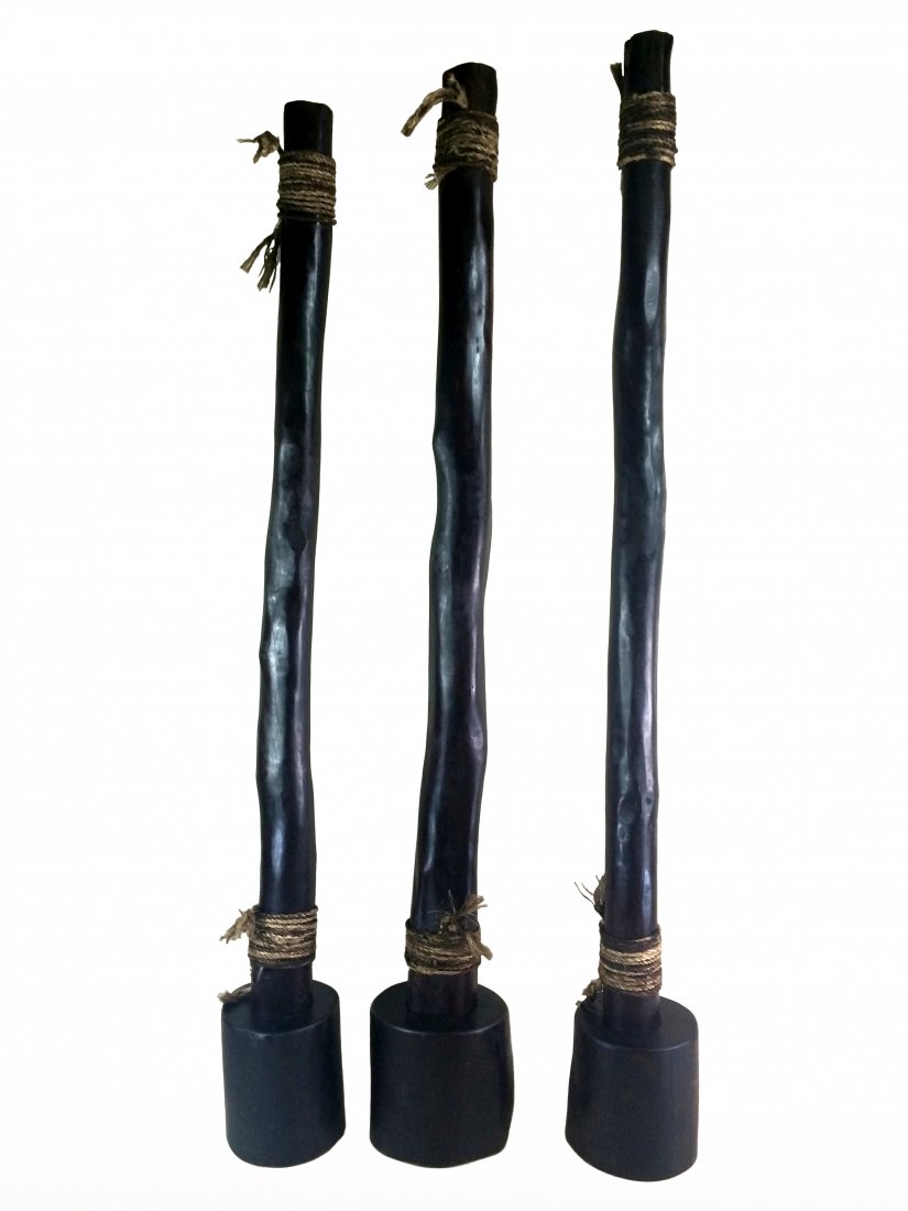 SET OF 3 RARE LARGE CHINESE ZITAN COLUMNS: Set of 3 Rare Large Chinese Zitan Columns, Having of natural trunk body. Very dense hardwood, showing feathery fine grain. Stands on the natural shaped zitan stands. Dimension: Tallest in set: 97"H x 