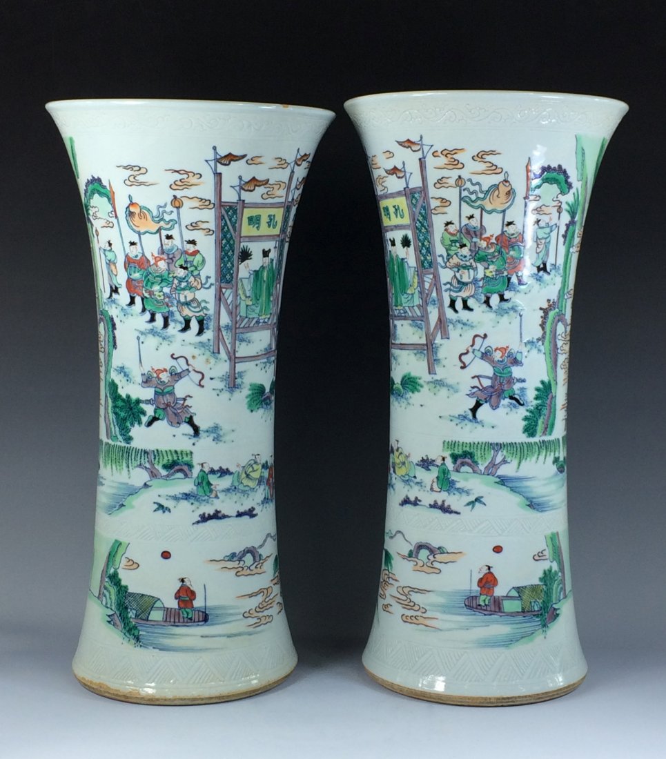 PAIR OF LARGE FAMILLE VERTE JUN VASE: Pair of Antique Large Famille Verte Porcelain Jun Vase. Cylindrical shaped, waisted body flared rim, with flat base. Each hand painted with mirror image in famille Verde style of an archer standing in