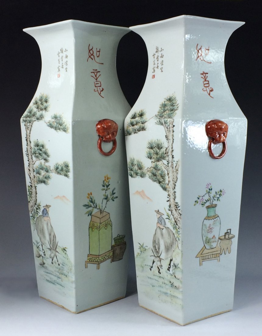 PAIR OF LARGE REPUBLIC PERIOD SQUARE VASE WITH LION: A Pair of Chinese Antique Republic Period Famille Rose Square Vase. Having Squared baluster body, flared rim with waisted neck and flat base. Two iron-red foo-lion mask flanked on the shoulder, holdin