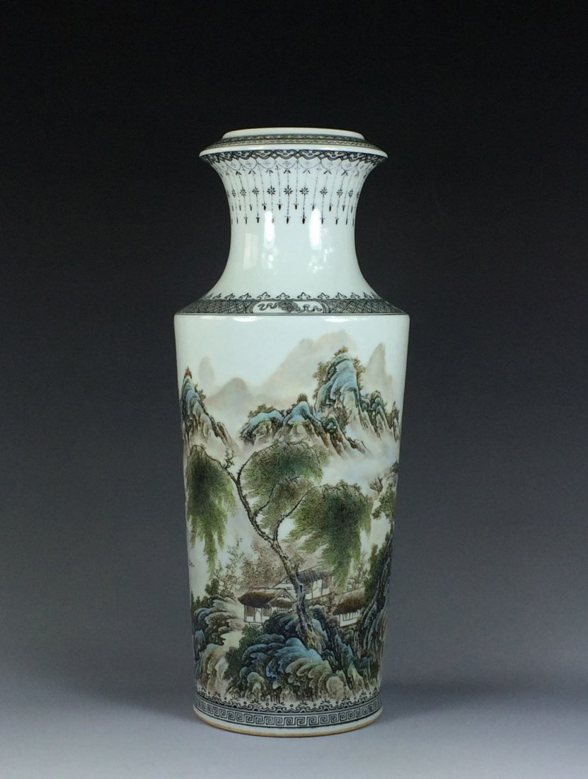 A FINE 20th C PERIOD FAMILLE ROSE VASE: Early 20th century Chinese square porcelain vase, of baluster body, squared shoulder and waisted neck. hand-painted with poly-chrome enameled decoration depicting a circumnutated landscape scene of mi