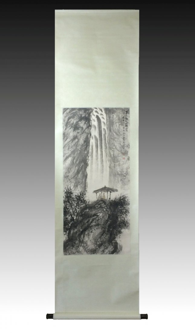 A CHINESE WATERCOLOR SCROLL PAINTING: A Chinese Watercolor Scroll Painting; watercolor on paper, bordered with creme-teal metallic silk. Hand painting "shanshui"- a waterfall panoramic of misty mountain scene. Showing artist's calligraphy