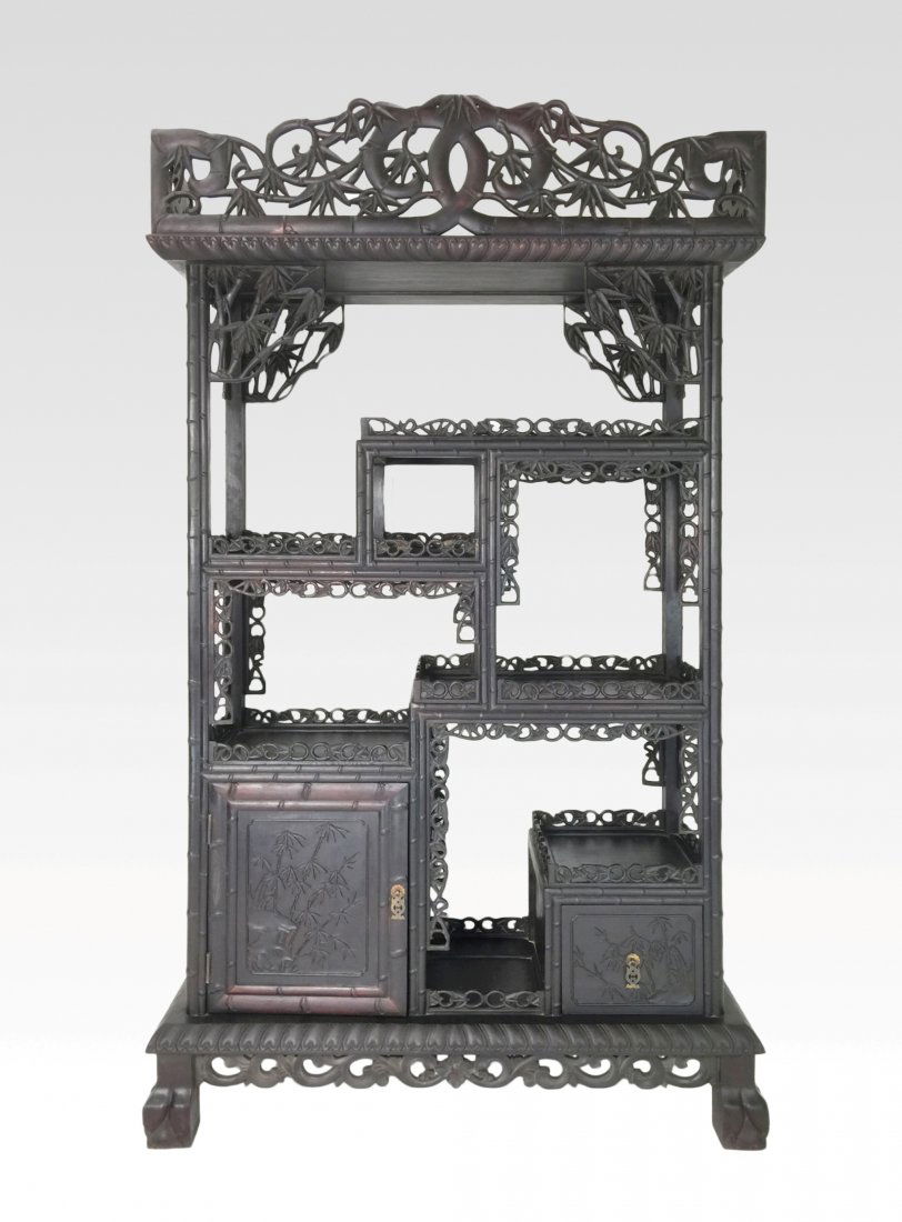 CHINESE EXPORT CARVED EASTERN HARDWOOD CURIO CABINET (1 of 7)