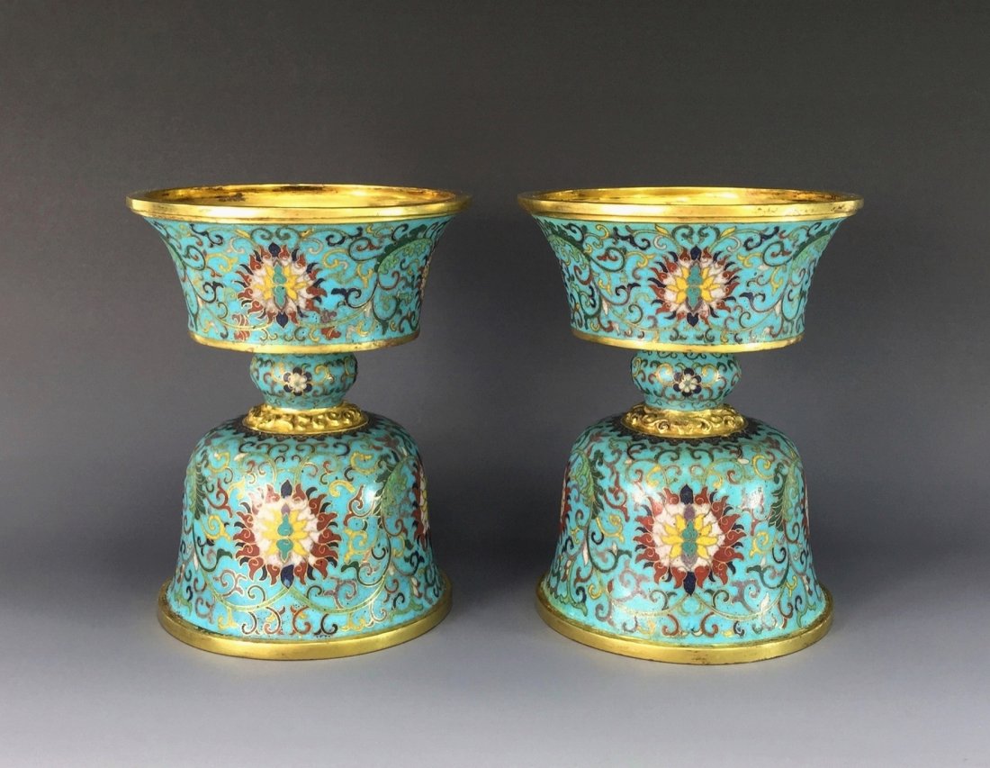 PAIR OF CLOISONNE HIGH STEM BOWLS (1 of 6)