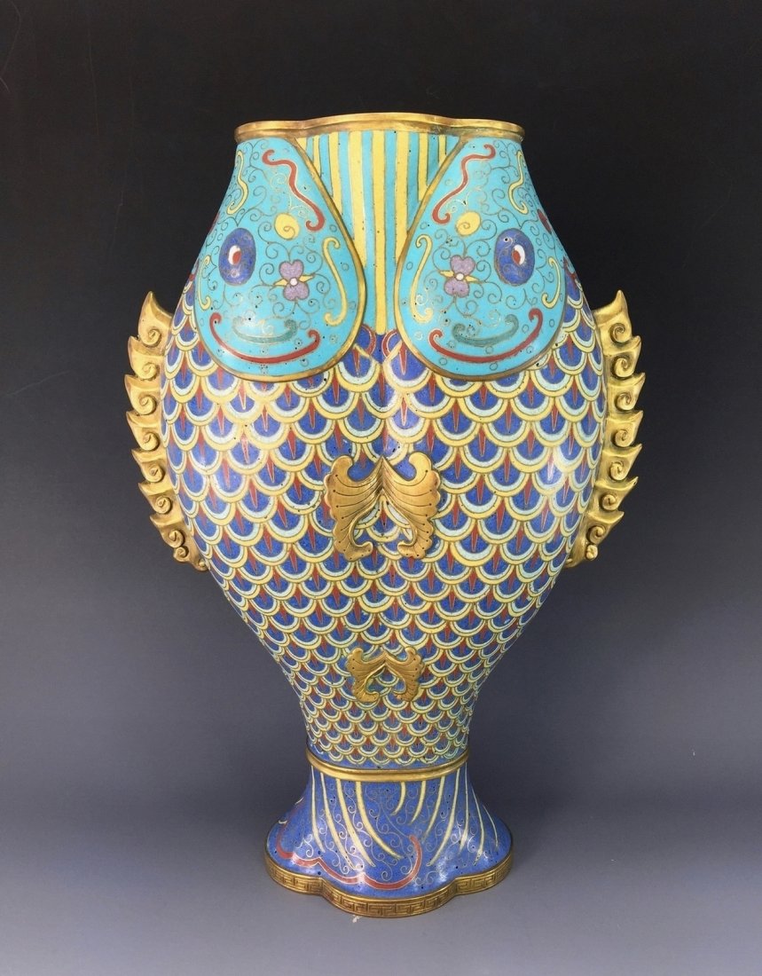 RARE GILT CLOISONNE DOUBLE CARPS VASE (1 of 10)