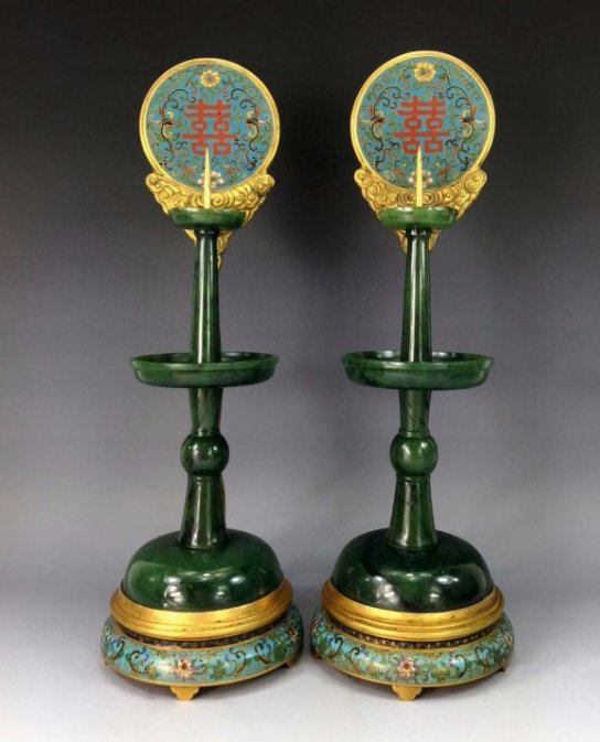 PR CLOISONNE & SPINACH GREEN  JADE CANDLE HOLDERS (1 of 9)