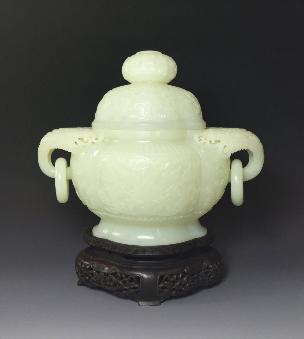 A FINE CARVED WHITE JADE COVERED CENSER (1 of 9)