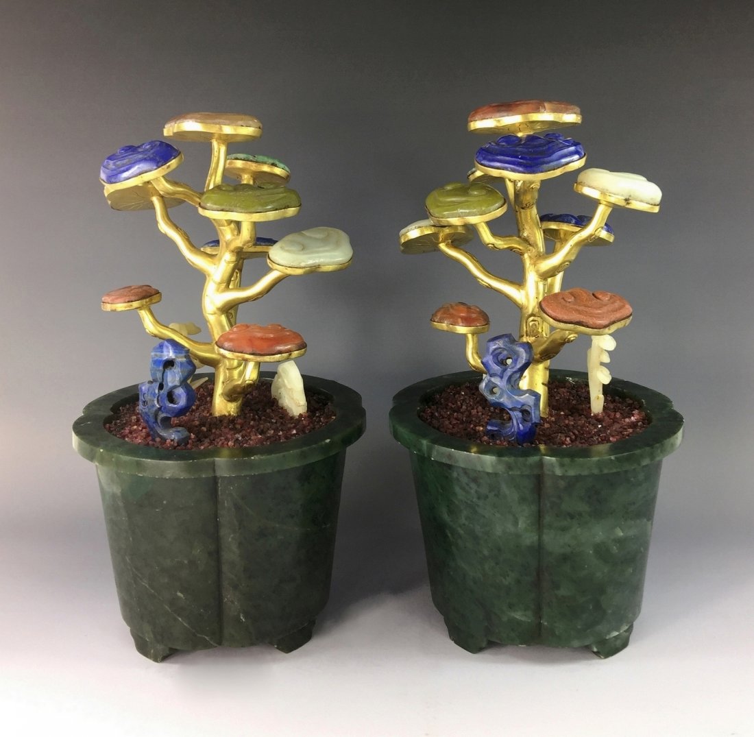 PAIR OF JADE AND HARDSTONES LINGZHI TREES (1 of 8)