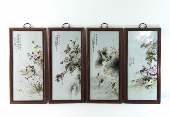 SET OF FOUR FRAMED CHINESE PORCELAIN PAINTINGS (1 of 10)