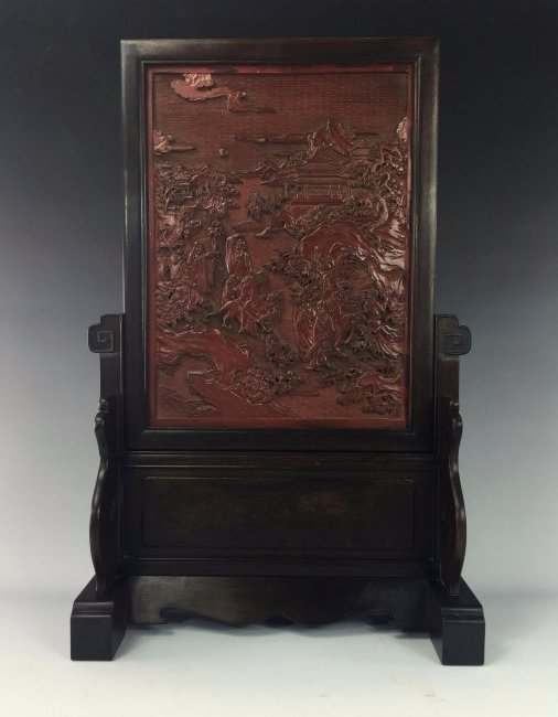 FINE CARVED CINNABAR TABLE SCREEN (1 of 6)