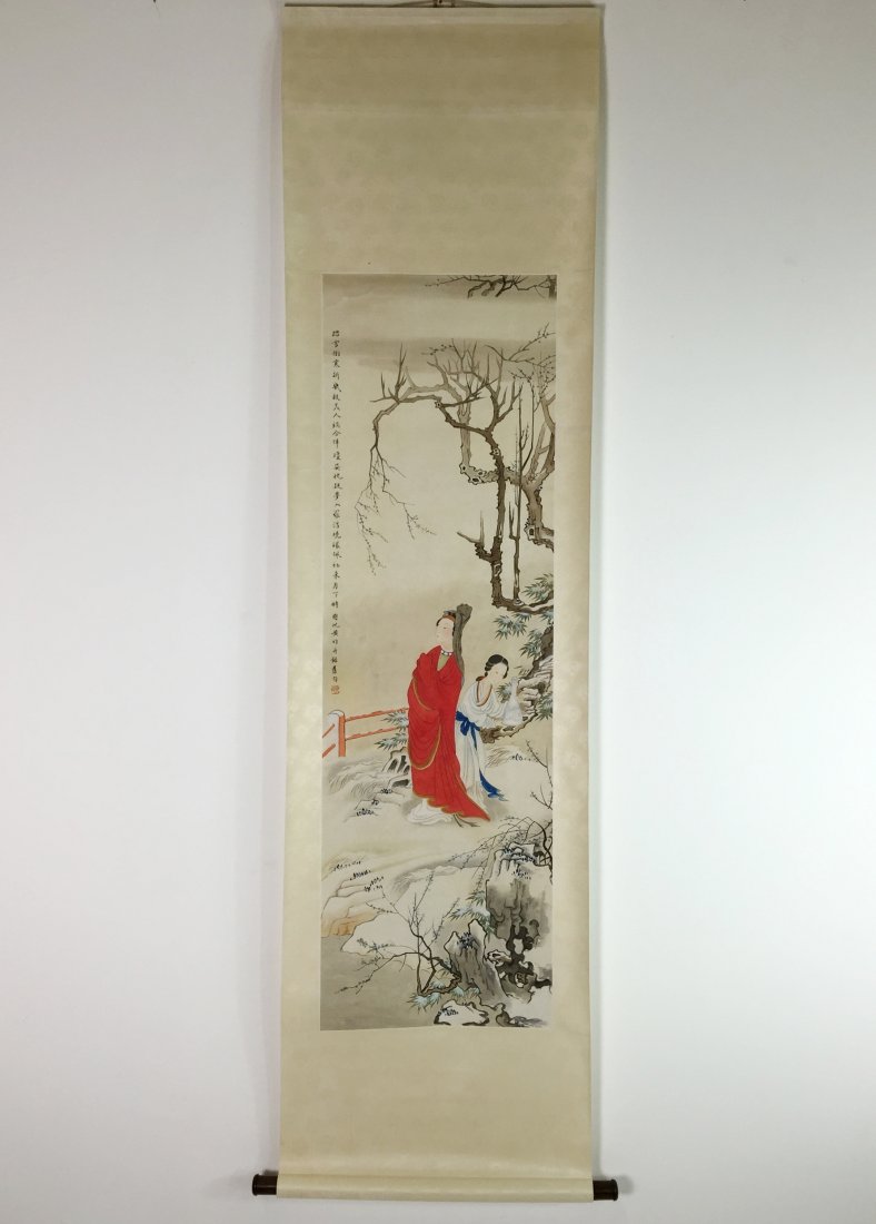 CHINESE SCROLL PAINTING OF FEMALE IN WINTER GARDEN (1 of 10)