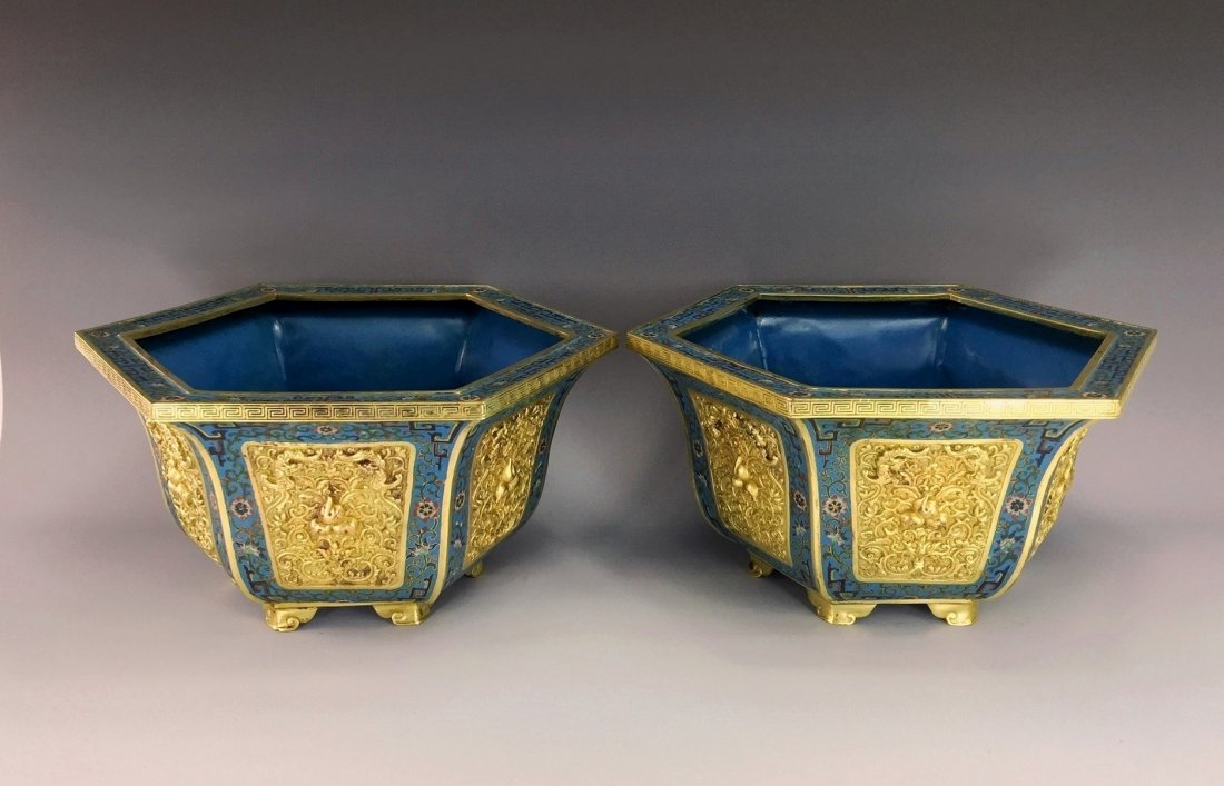 PAIR OF CLOISONNE HEXAGONAL PLANT POTS (1 of 10)