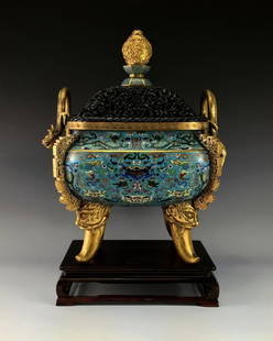 MAGNIFICENT 18/19TH C QIANLONG CLOISONNE & GILT CENSER: A MAGNIFICENT CHINESE 18TH/19TH CENTURY QIANLONG CLOISONNE GILT COVERED CENSER ON CARVED ZITAN STAND. Of bulbous to rectangular body, Each corners of the vase is cast with a set of fou