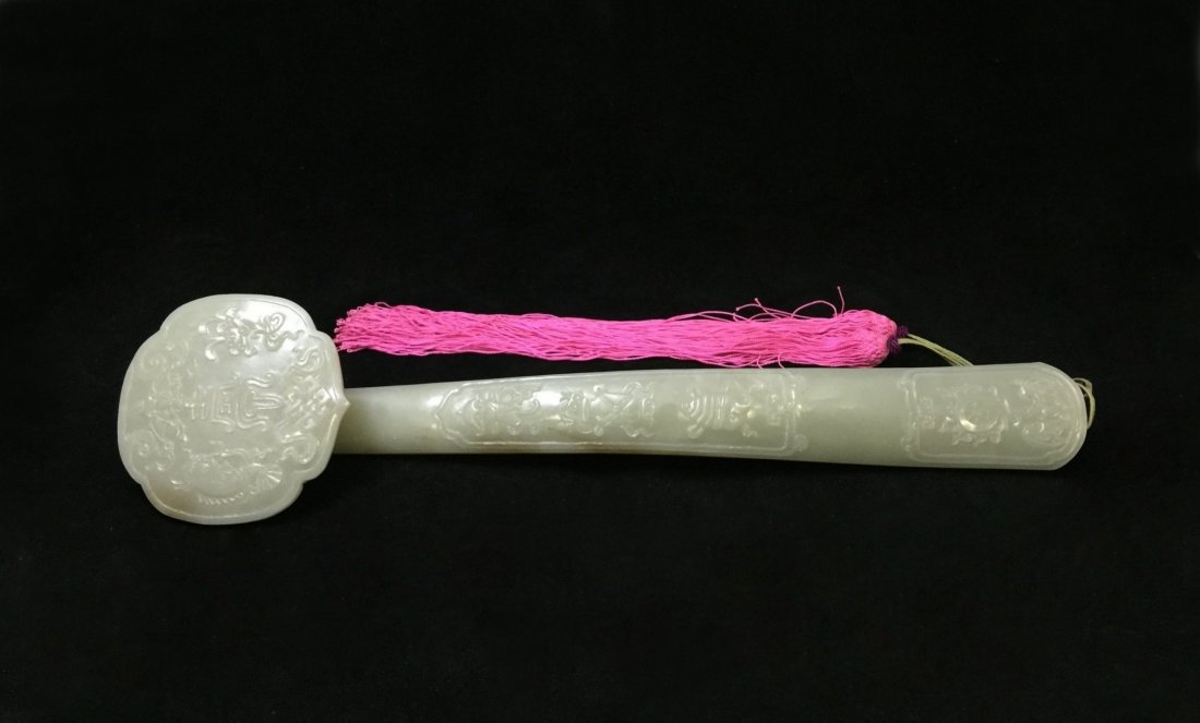 A SUPERB 19TH C CARVED WHITE JADE RUYI SCEPTER (1 of 9)