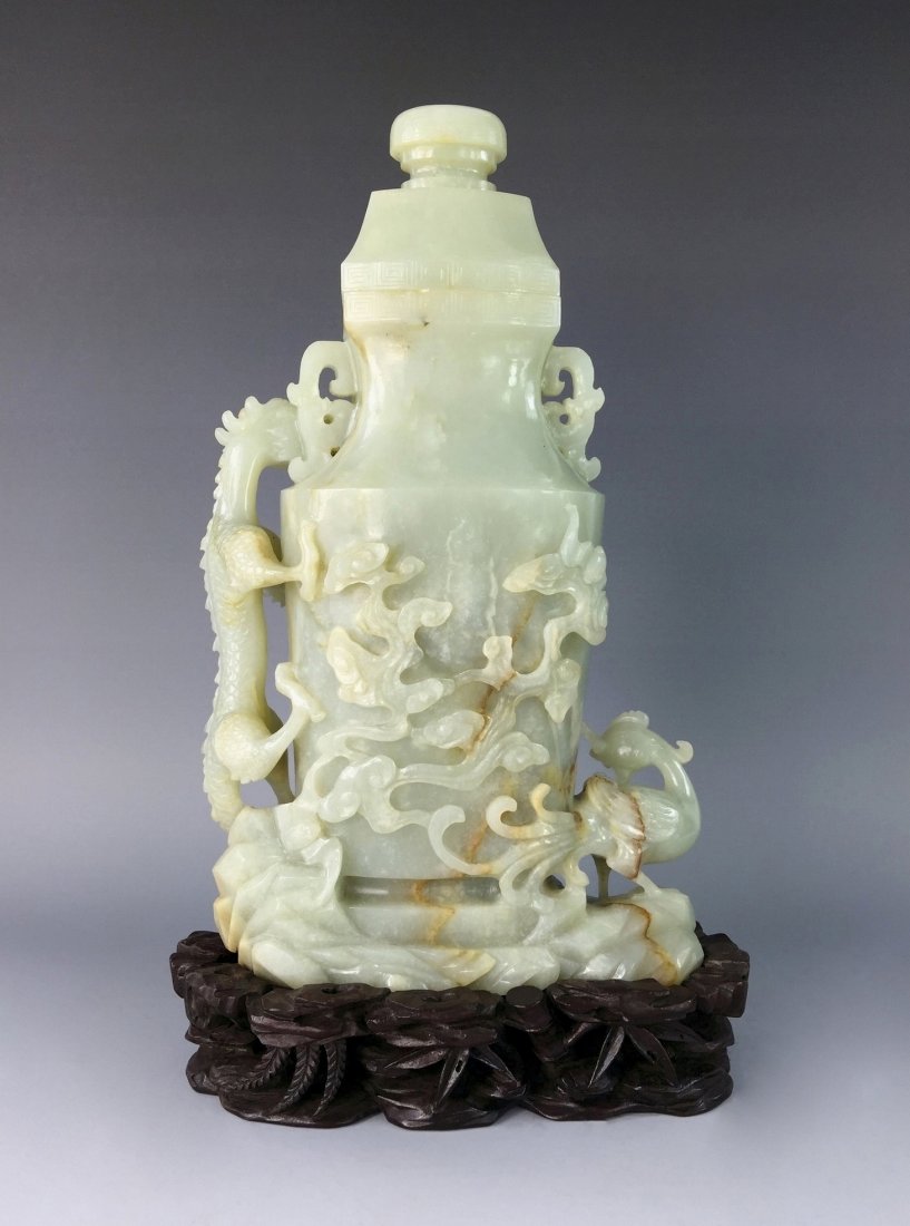18TH C CARVED WHITE JADE COVERED URN (1 of 9)