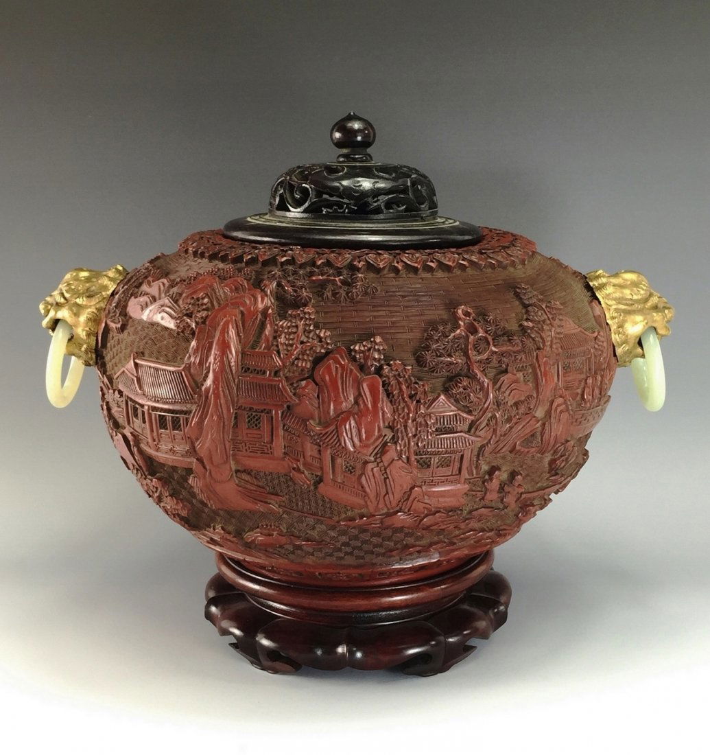 FINE AND RARE CARVED CINNABAR COVERED  JAR (1 of 10)