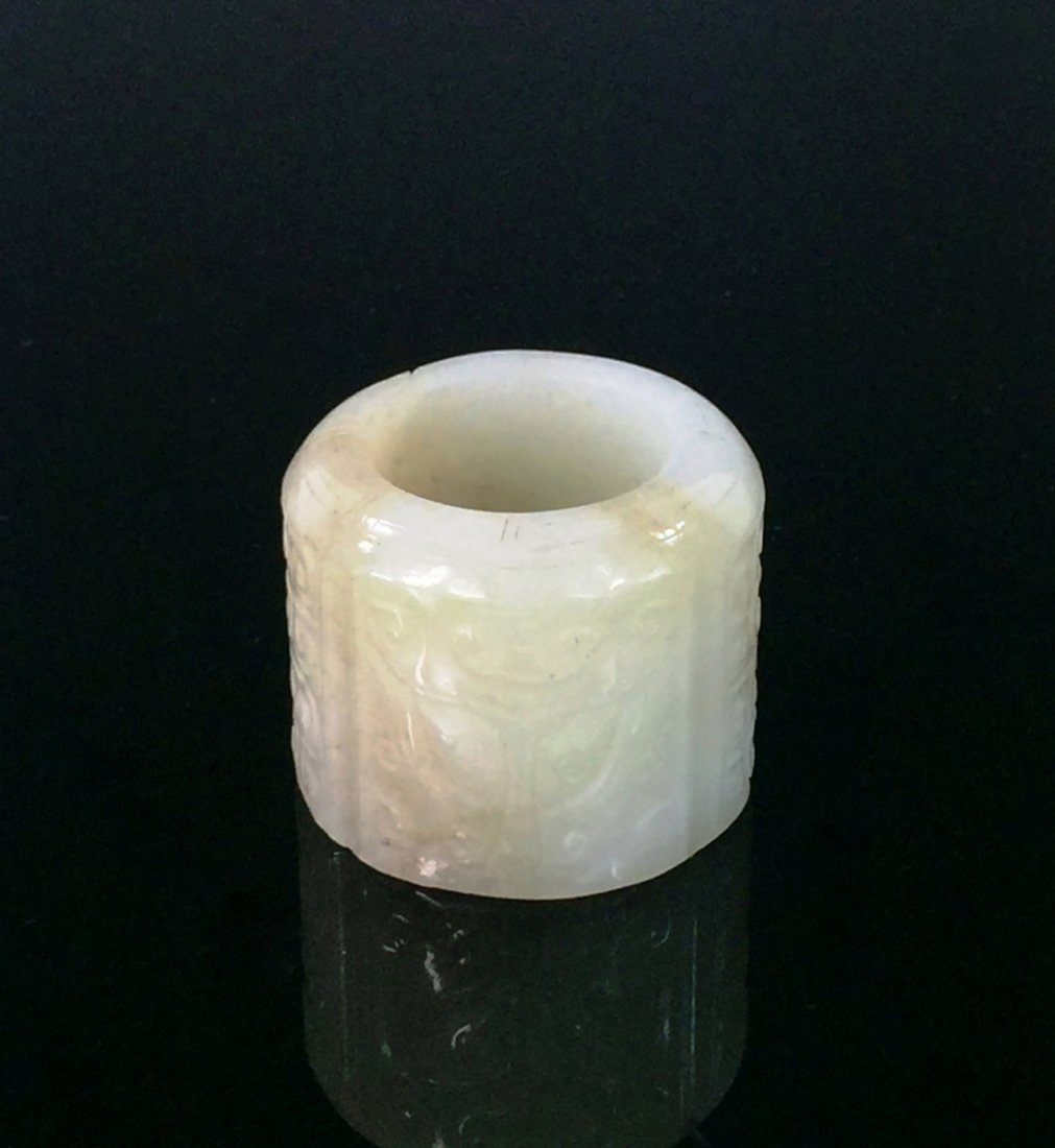 FINE CARVED WHITE JADE ARCHER'S RING (1 of 8)
