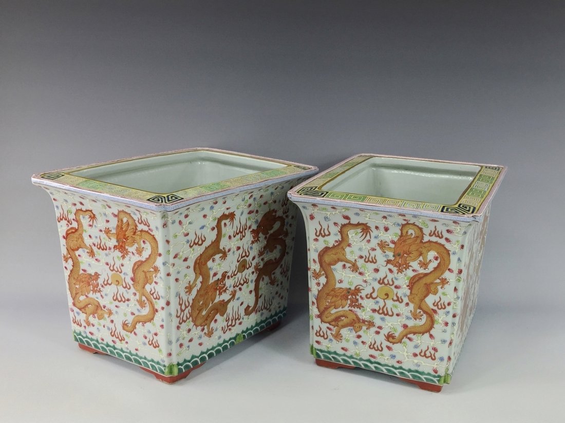 PAIR OF DOUBLE RED DRAGONS PLANT VASES (1 of 9)