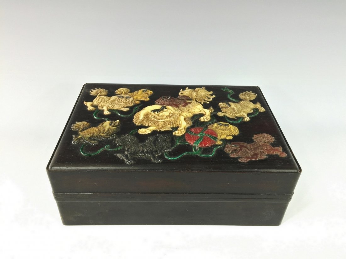 CHINESE ZITAN W/ SEMI-PRECIOUS STONE INLAID BOX (1 of 7)