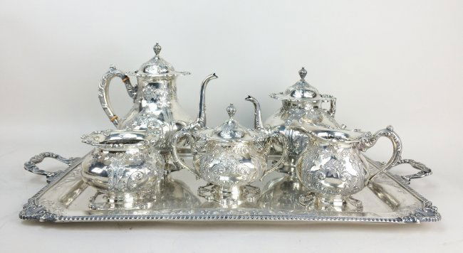 SET OF 6 PCS FRANK WHITING SILVER TEA SET, 266.69 TROY (1 of 5)