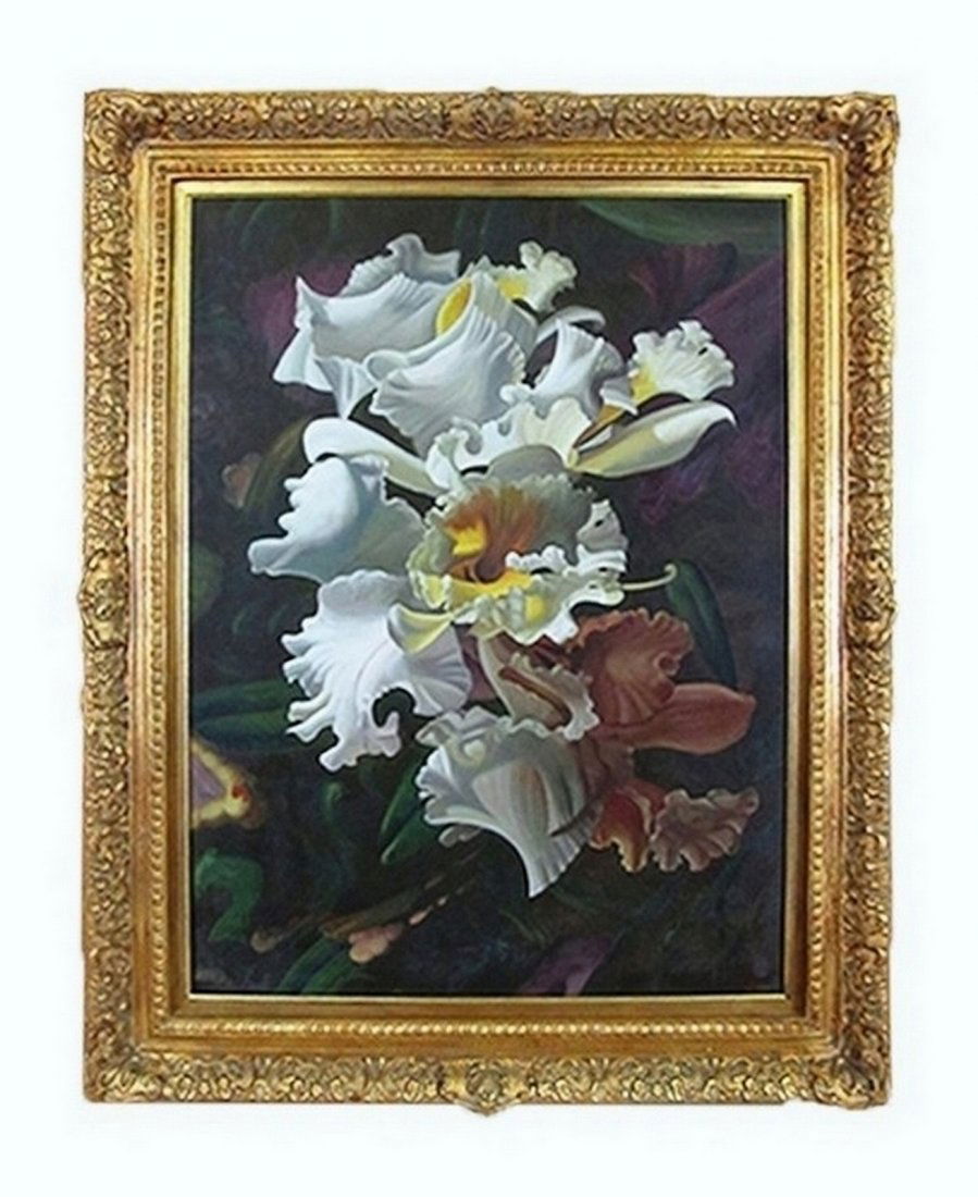 FRAMED, WHITE ORCHID OIL PAINTING (1 of 2)