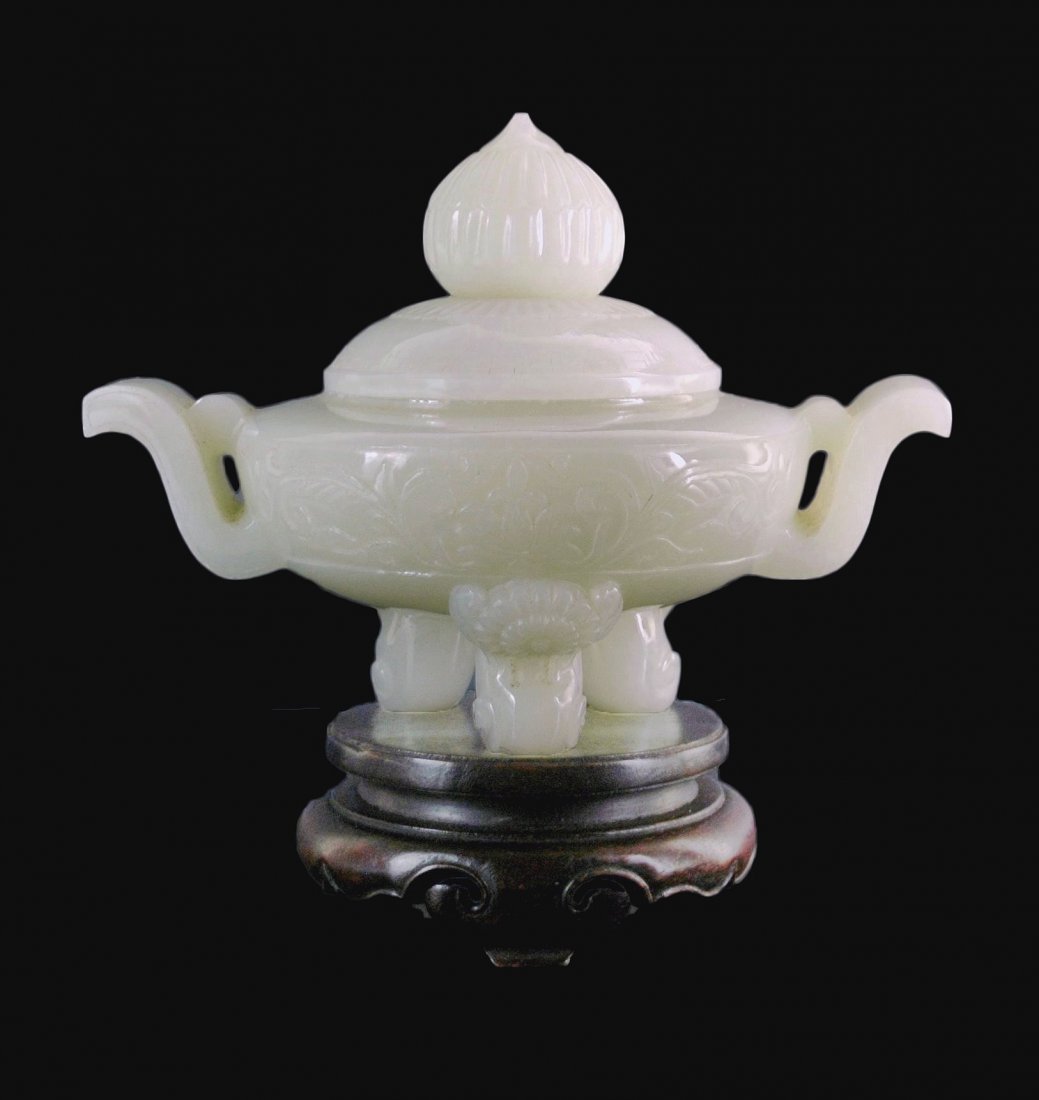 CARVED WHITE JADE COVERED TRIPOD CENSER ON STAND (1 of 9)