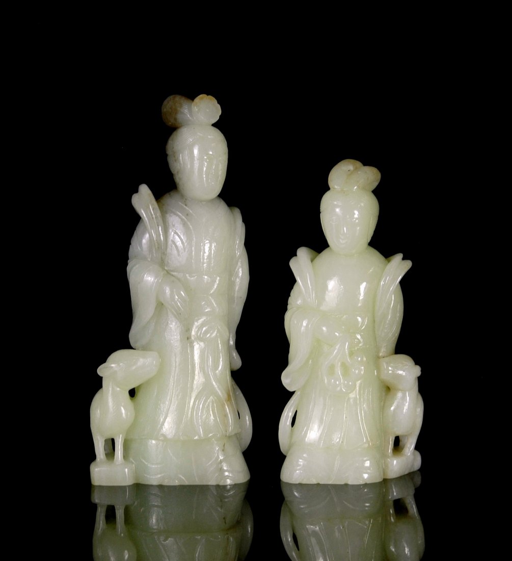 PAIR OF CARVED WHITE JADE OF  FEMALE FIGURES (1 of 7)