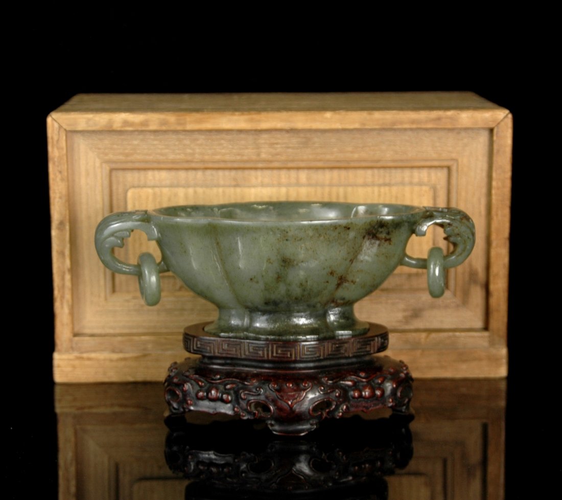 SPINACH-GREEN JADE FLORAL CENSER W/ WOODEN BOX (1 of 10)