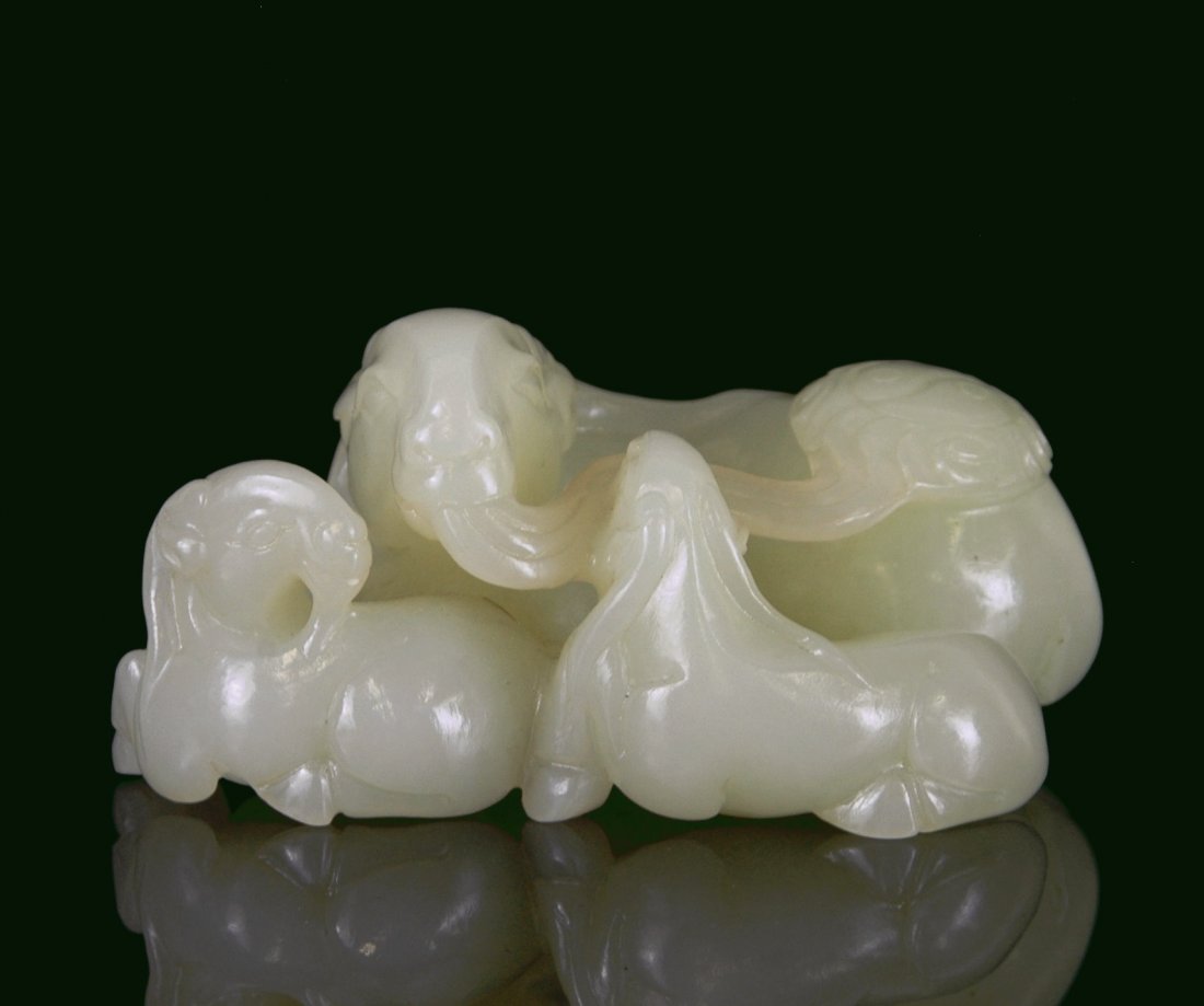 FINE CARVED WHITE JADE OF THREE SHEEP (1 of 7)