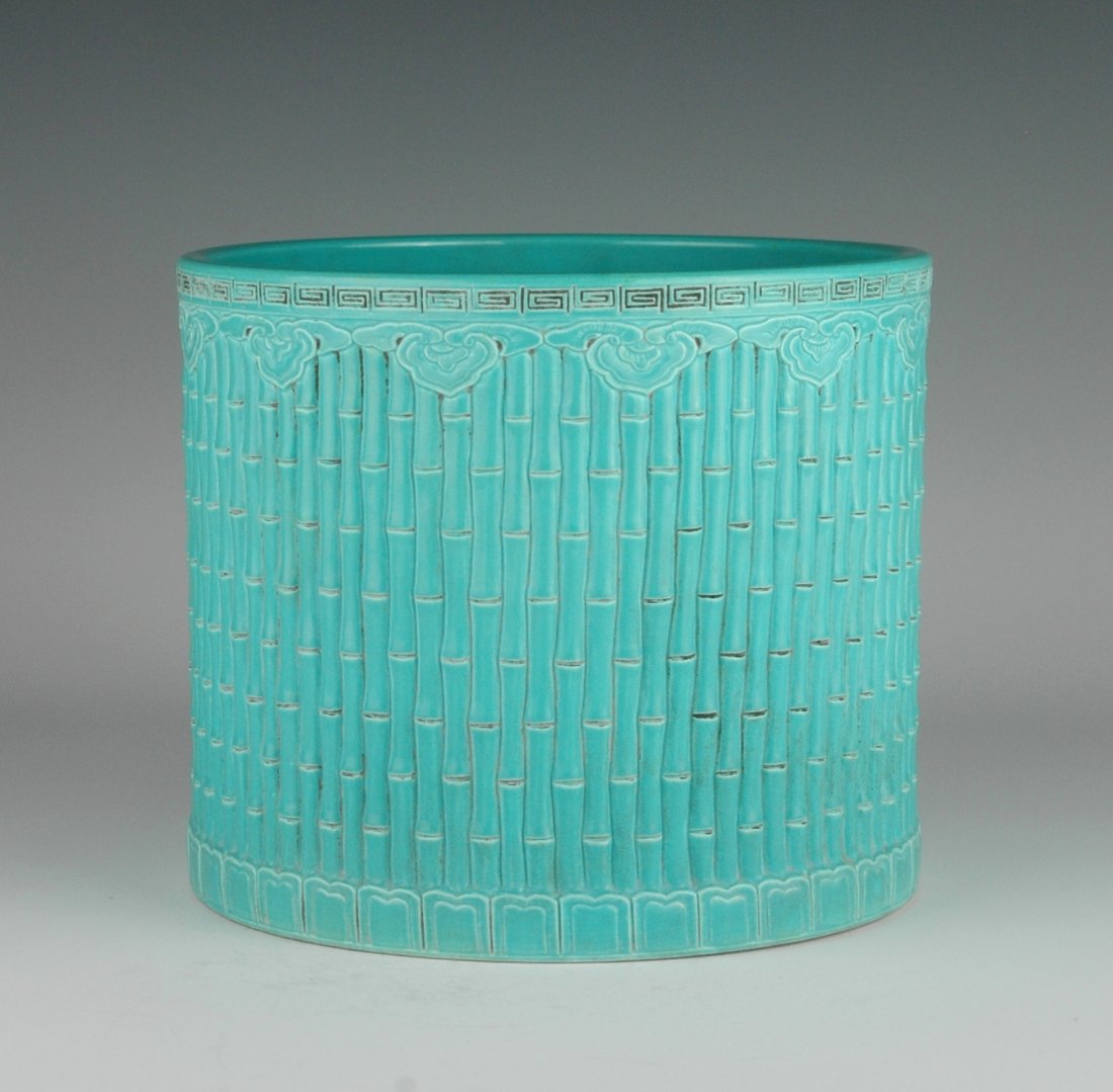 RARE TURQUOISE GLAZED BAMBOO FOREST BRUSH POT (1 of 9)