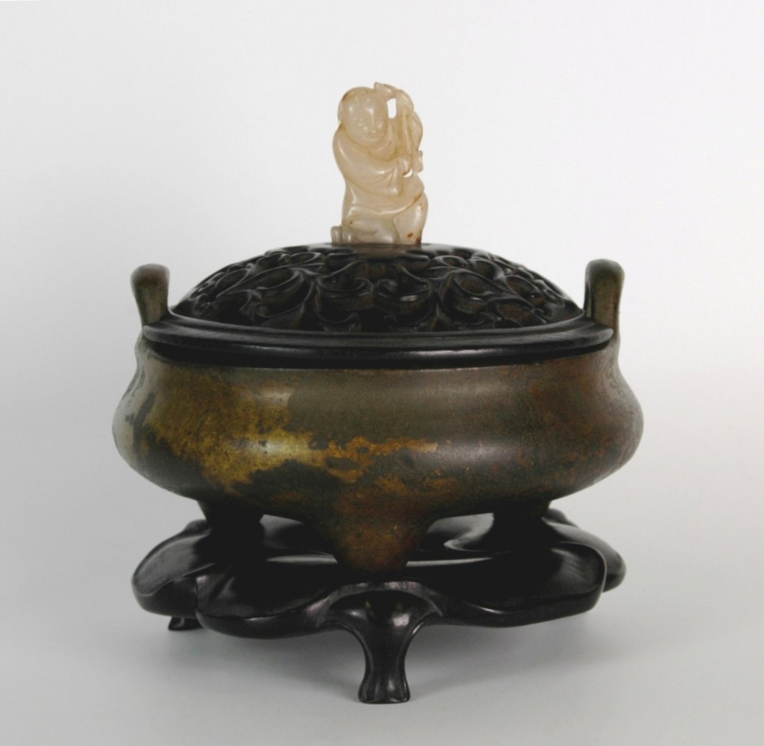 QING BRONZE TRIPOD CENSER W/ JADE FINIAL ON STAND (1 of 7)