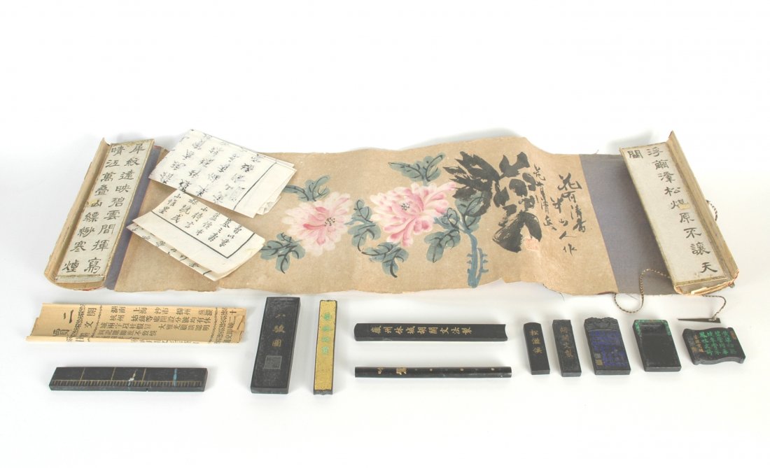 19TH C SCROLL PAINTING AND WRITING INSTRUMENTS (1 of 7)