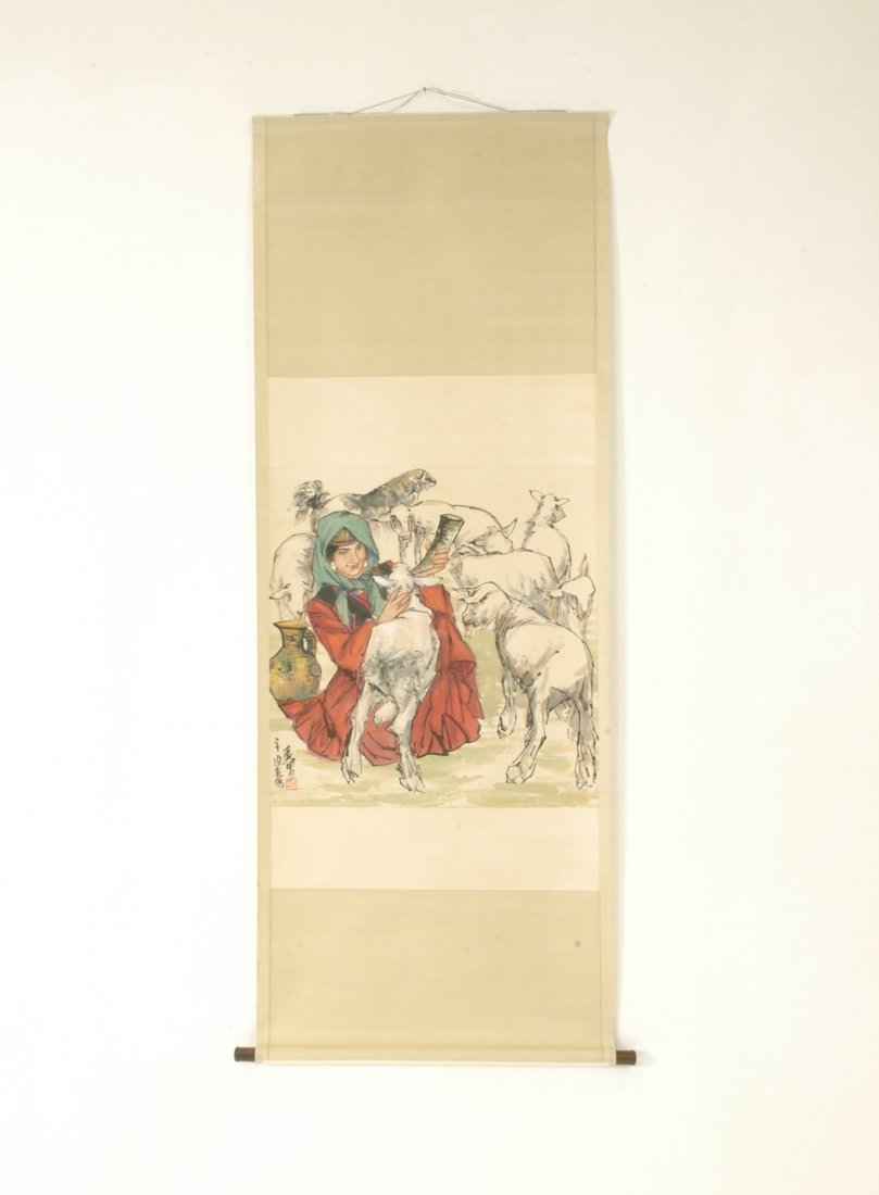 WATERCOLOR SCROLL PAINTING  OF FEMALE FIGURE & SHEEP (1 of 5)